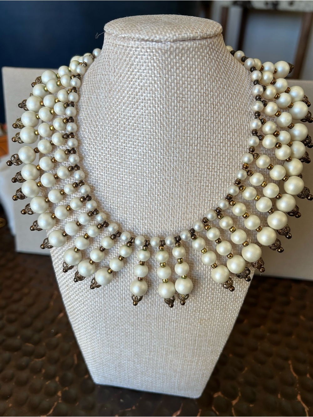 Vintage Pearl Beaded Statement Collar Necklace 16”